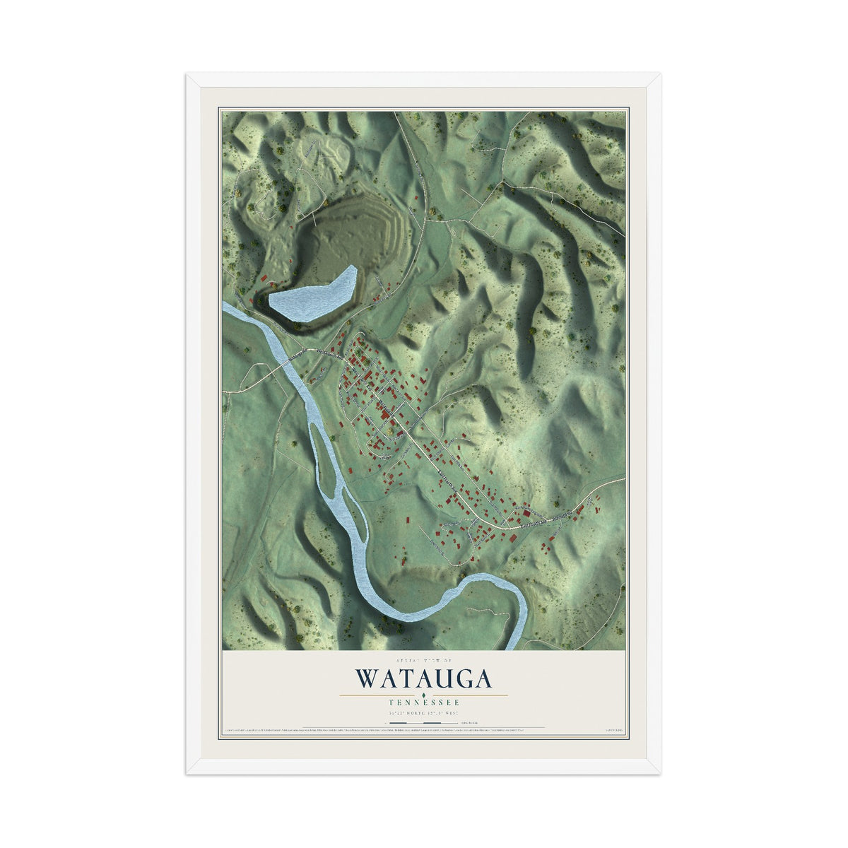 Map of Watauga, Tennessee, 12 x 18 inch print in a white wood frame