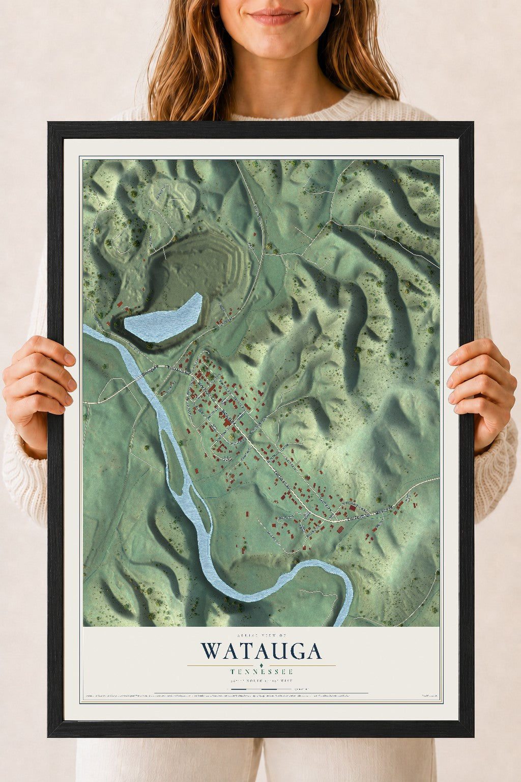 Map of Watauga, Tennessee, 18 x 24 inch print in a black wood frame