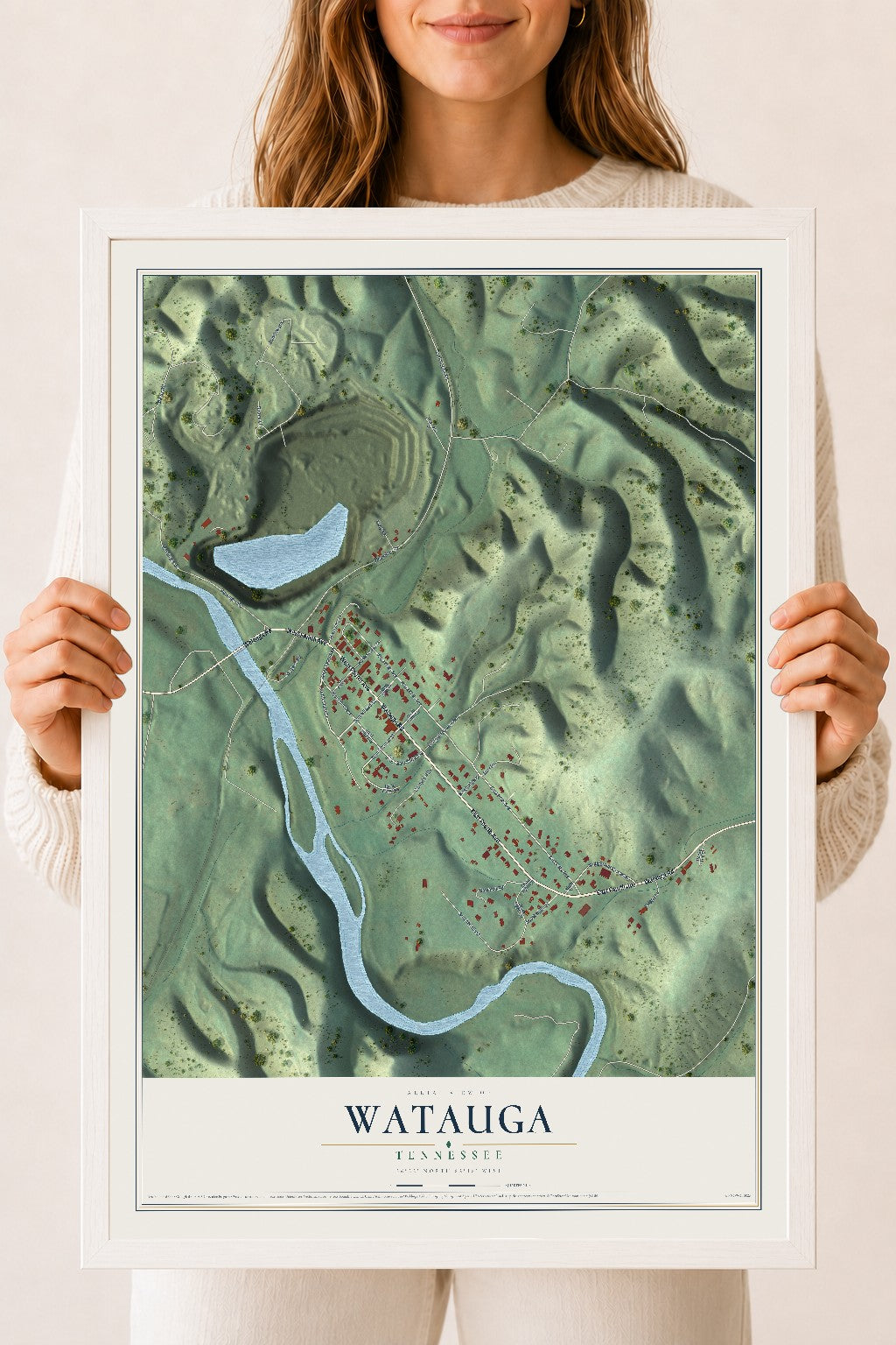 Map of Watauga, Tennessee, 18 x 24 inch print in a white wood frame