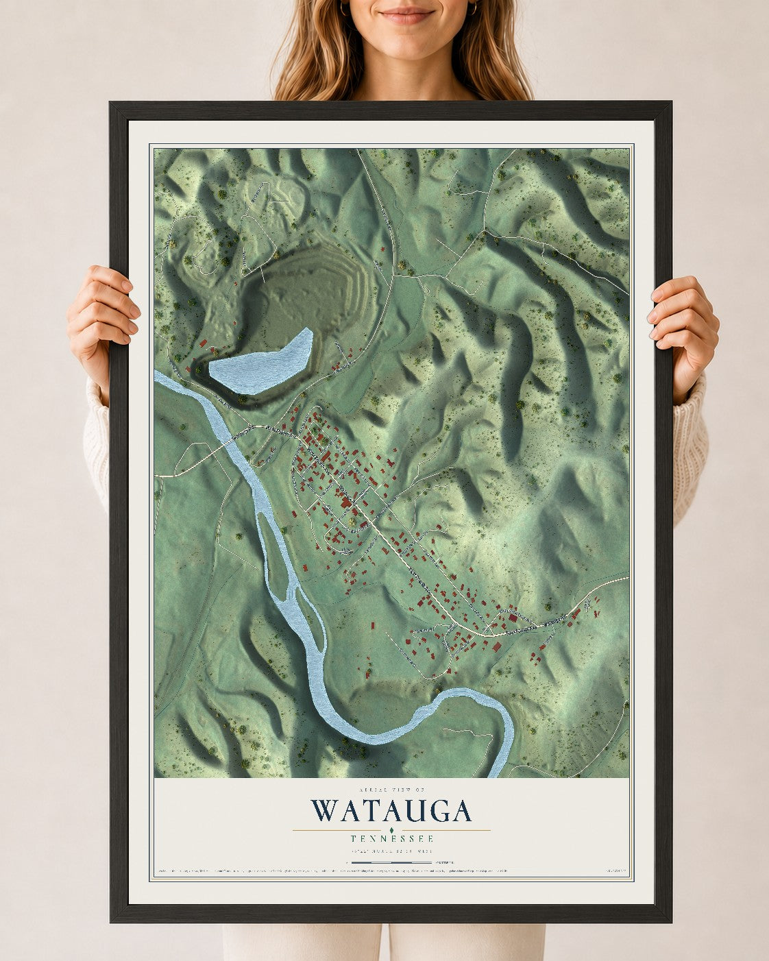 Map of Watauga, Tennessee, 24 x 36 inch print in a black wood frame