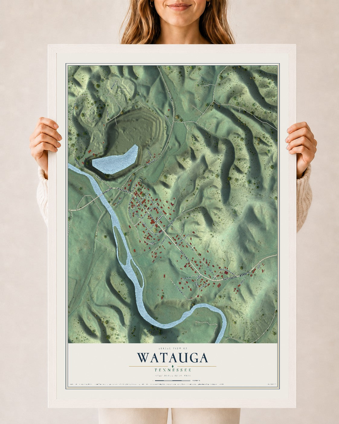 Map of Watauga, Tennessee, 24 x 36 inch print in a white wood frame