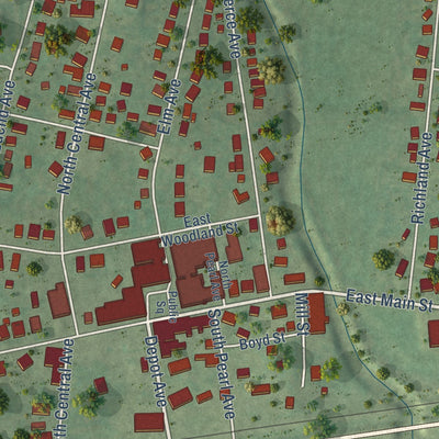 Close-up of the map of Watertown, Tennessee print showing street and building detail
