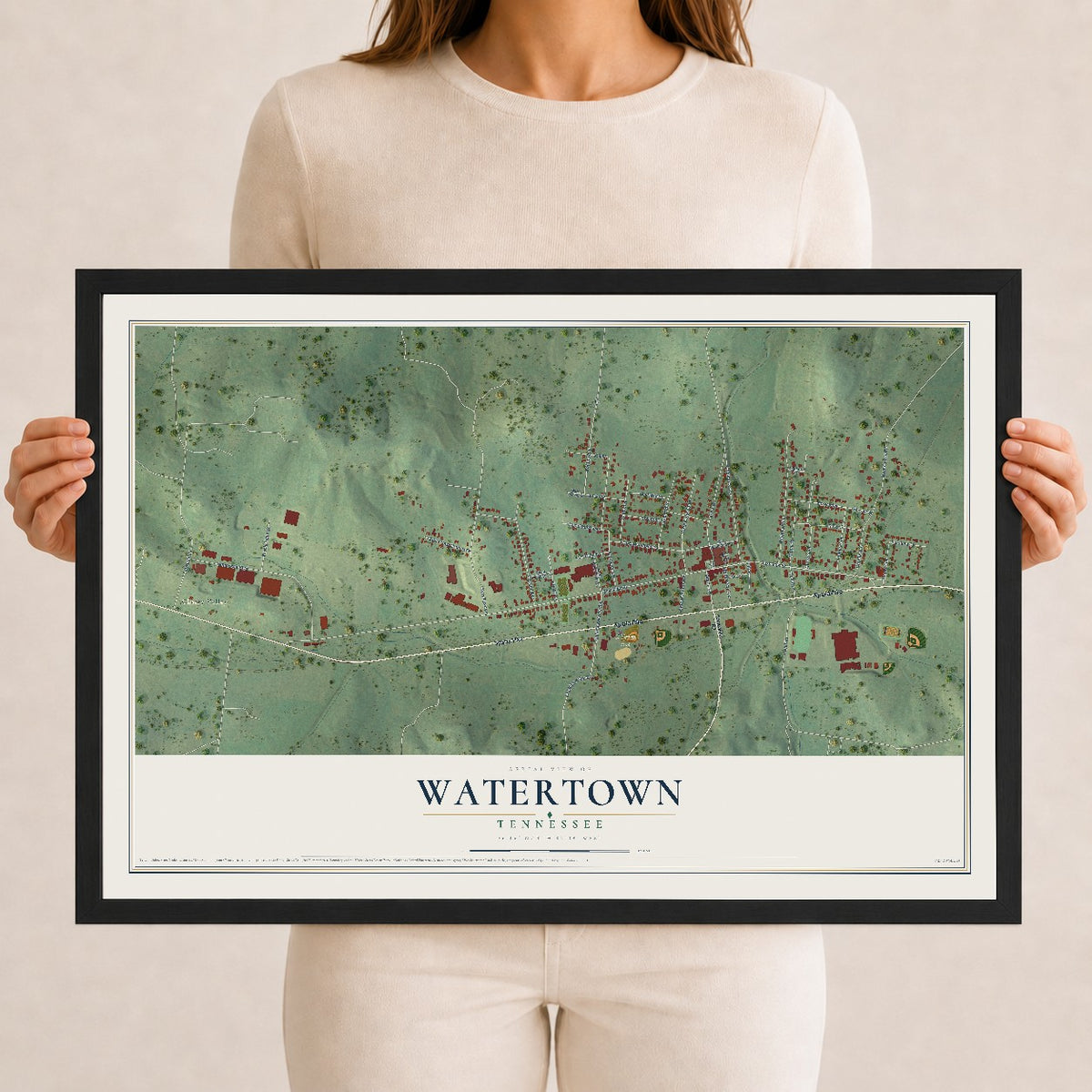 Map of Watertown, Tennessee, 12 x 18 inch print in a black wood frame