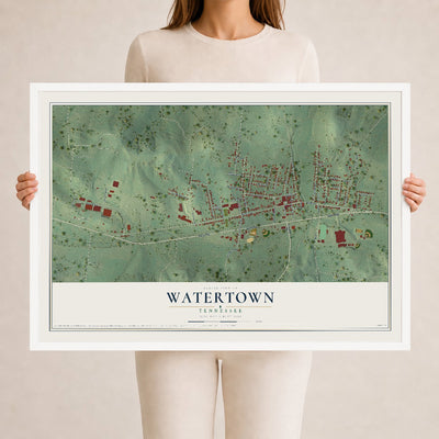 Map of Watertown, Tennessee, 24 x 36 inch print in a white wood frame