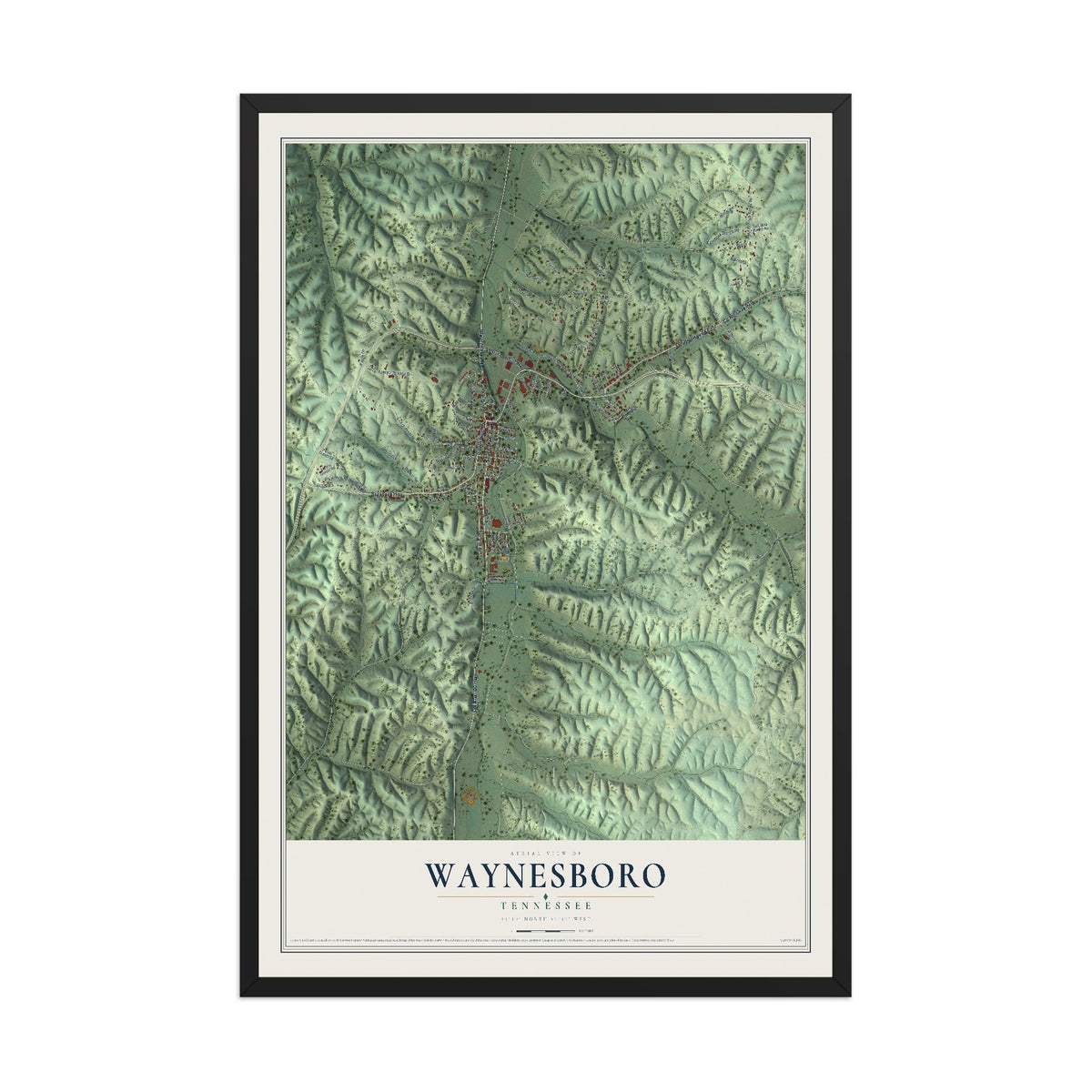 Map of Waynesboro, Tennessee, 12 x 18 inch print in a black wood frame