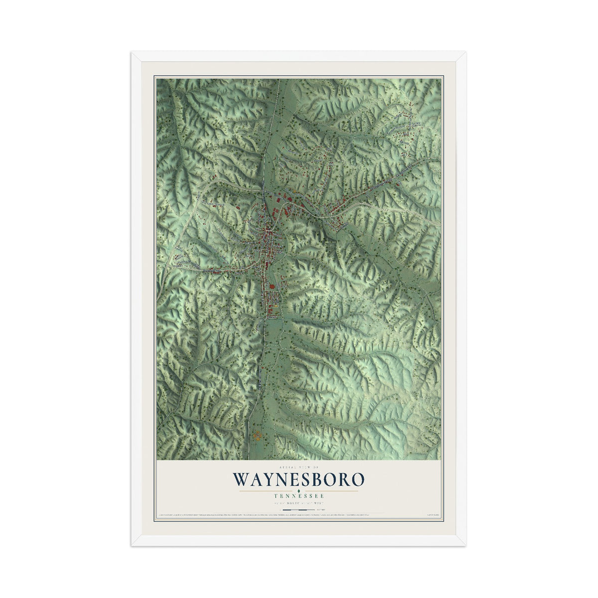 Map of Waynesboro, Tennessee, 12 x 18 inch print in a white wood frame
