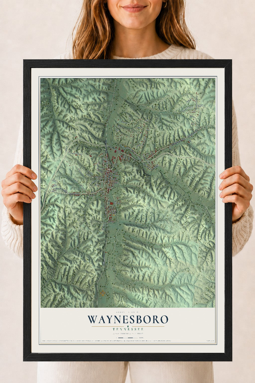 Map of Waynesboro, Tennessee, 18 x 24 inch print in a black wood frame