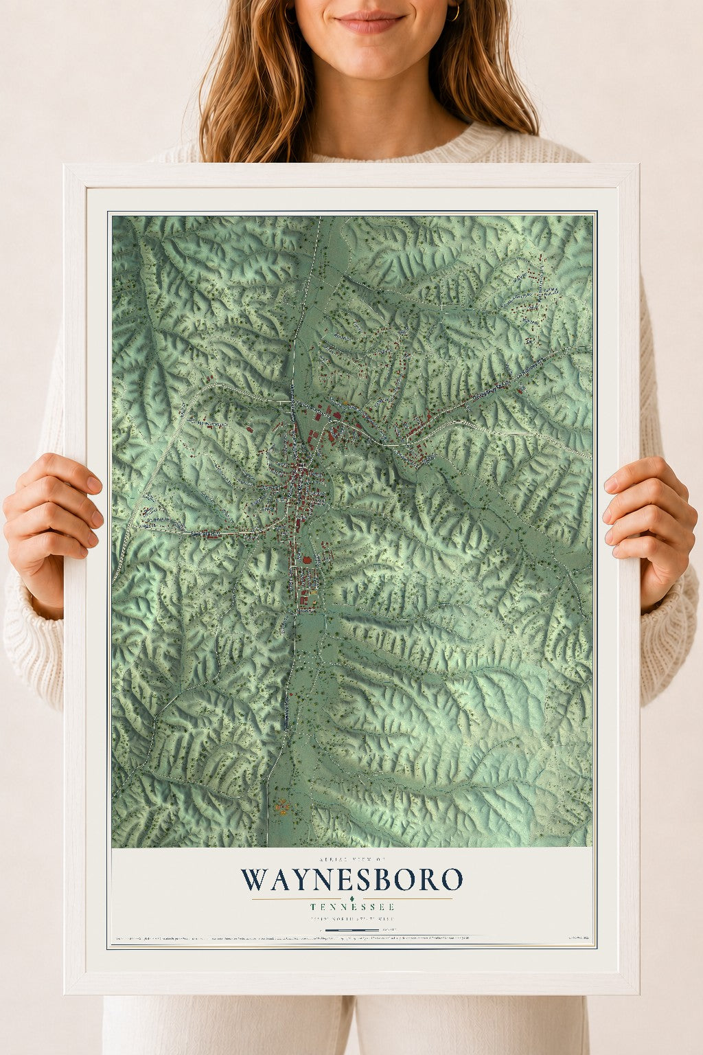 Map of Waynesboro, Tennessee, 18 x 24 inch print in a white wood frame