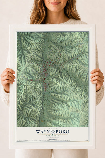 Map of Waynesboro, Tennessee, 18 x 24 inch print in a white wood frame