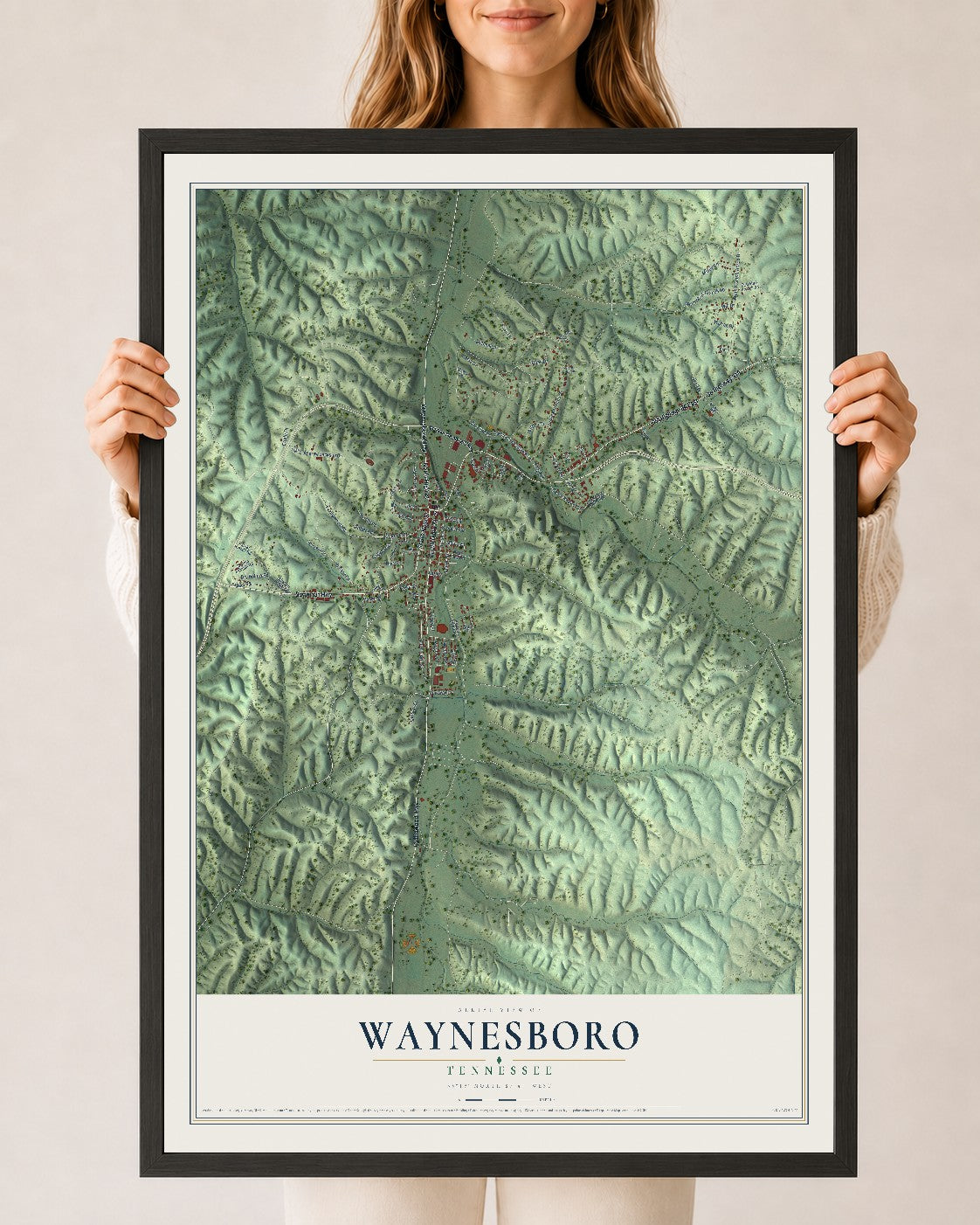 Map of Waynesboro, Tennessee, 24 x 36 inch print in a black wood frame