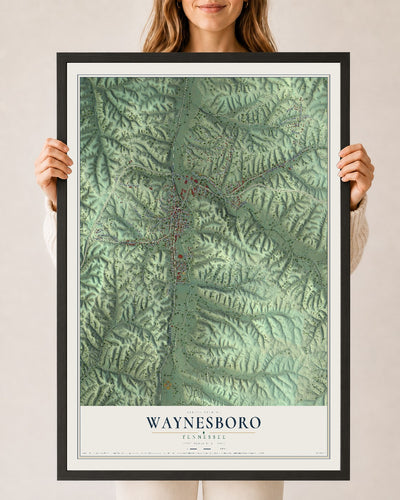 Map of Waynesboro, Tennessee, 24 x 36 inch print in a black wood frame