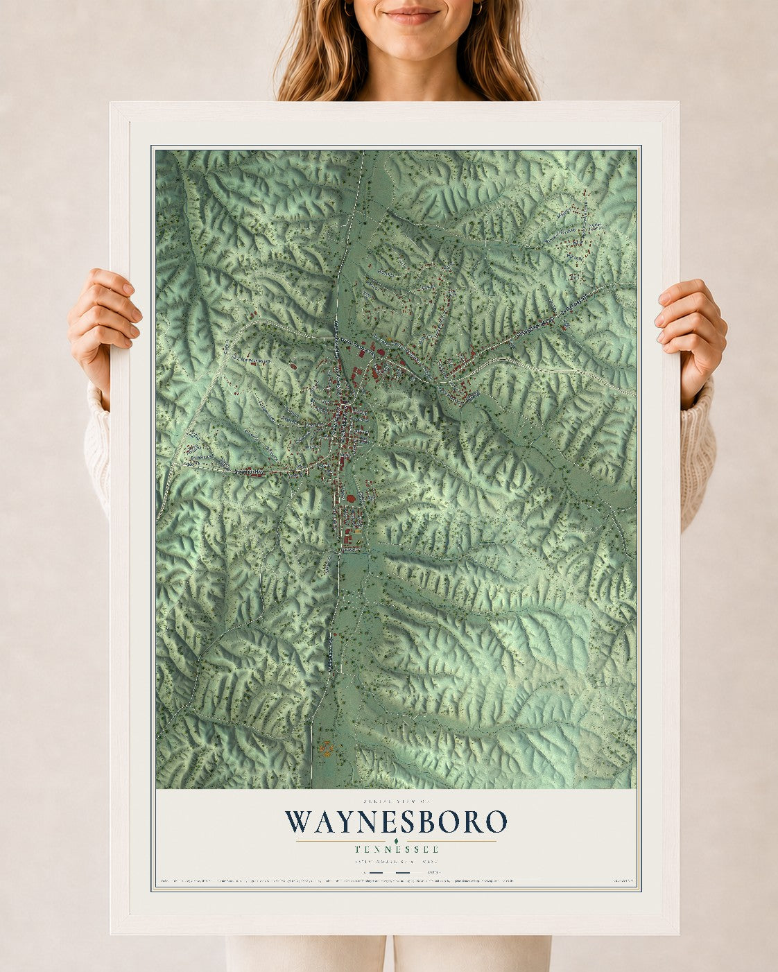 Map of Waynesboro, Tennessee, 24 x 36 inch print in a white wood frame