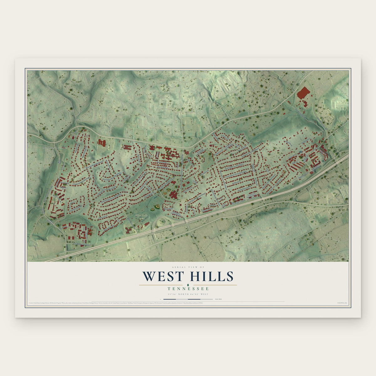 West Hills, Tennessee map print, the full design
