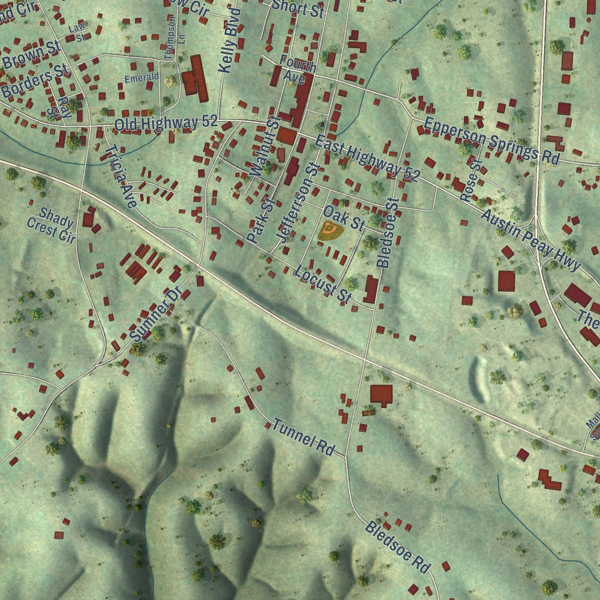 Close-up of the map of Westmoreland, Tennessee print showing street and building detail