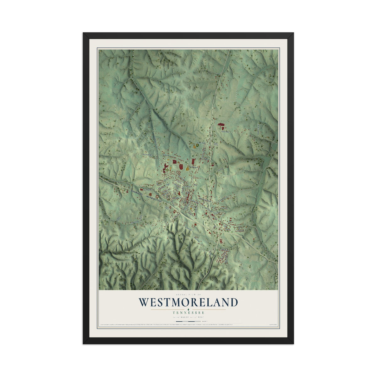 Map of Westmoreland, Tennessee, 12 x 18 inch print in a black wood frame
