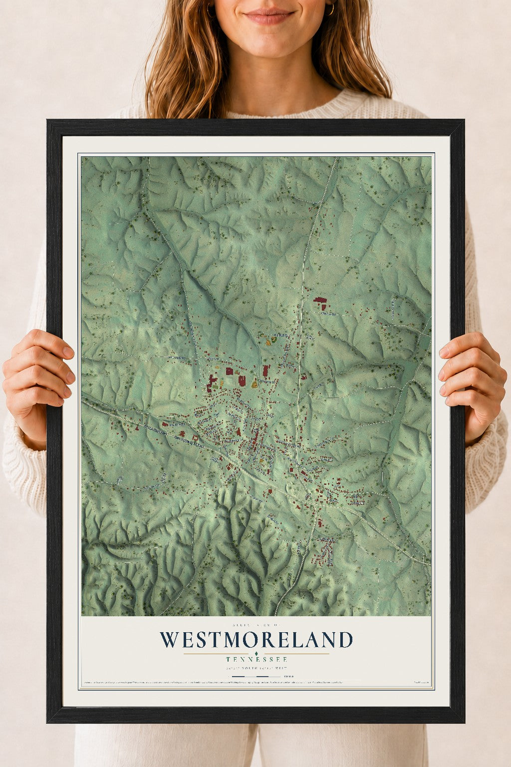 Map of Westmoreland, Tennessee, 18 x 24 inch print in a black wood frame