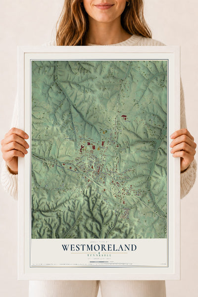 Map of Westmoreland, Tennessee, 18 x 24 inch print in a white wood frame