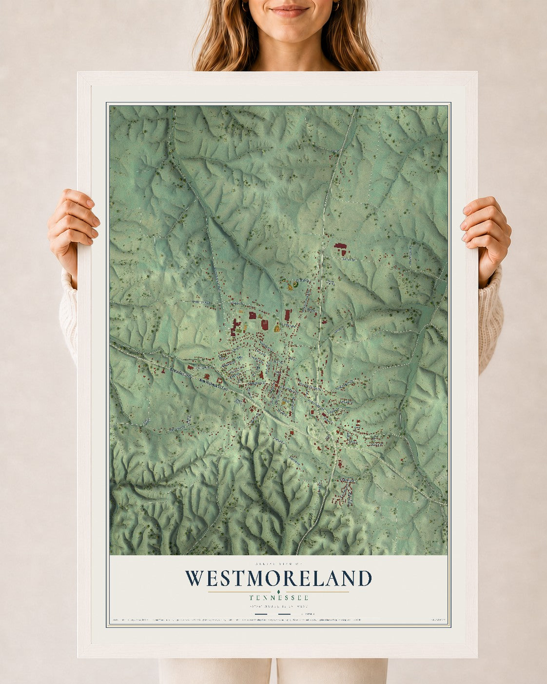 Map of Westmoreland, Tennessee, 24 x 36 inch print in a white wood frame