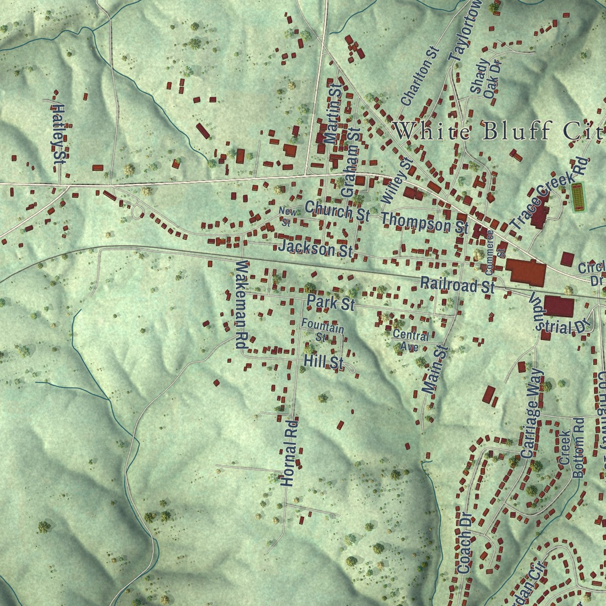 Close-up of the map of White Bluff, Tennessee print showing street and building detail