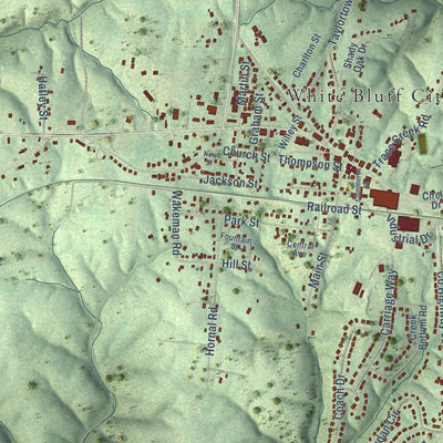 Close-up of the map of White Bluff, Tennessee print showing street and building detail
