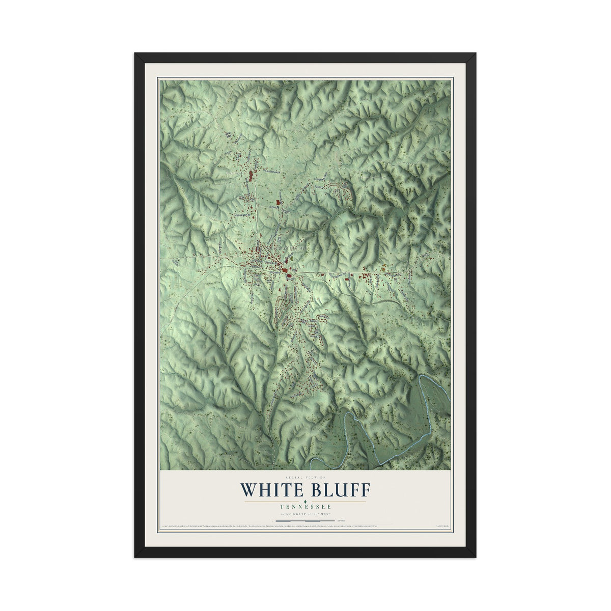 Map of White Bluff, Tennessee, 12 x 18 inch print in a black wood frame