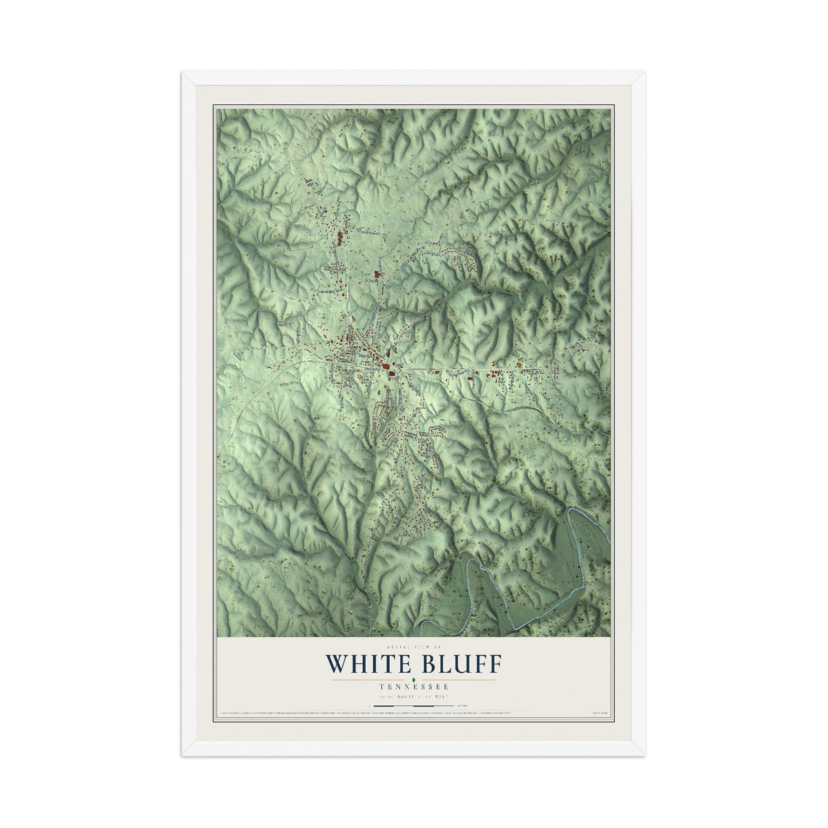Map of White Bluff, Tennessee, 12 x 18 inch print in a white wood frame