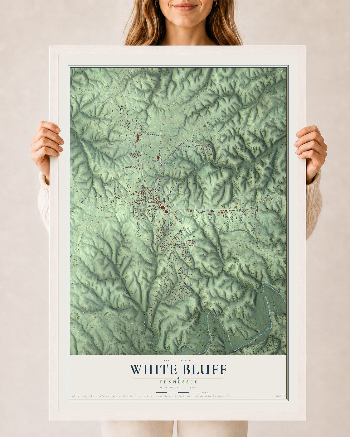 Map of White Bluff, Tennessee, 24 x 36 inch print in a white wood frame