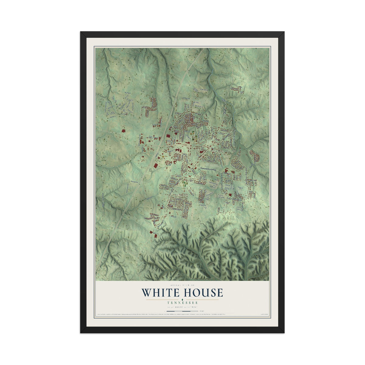 Map of White House, Tennessee, 12 x 18 inch print in a black wood frame