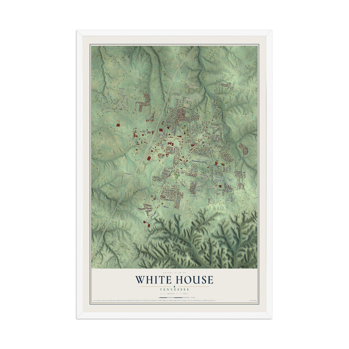 Map of White House, Tennessee, 12 x 18 inch print in a white wood frame