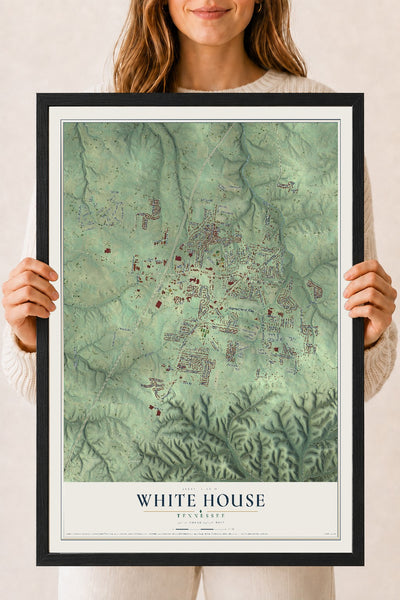 Map of White House, Tennessee, 18 x 24 inch print in a black wood frame