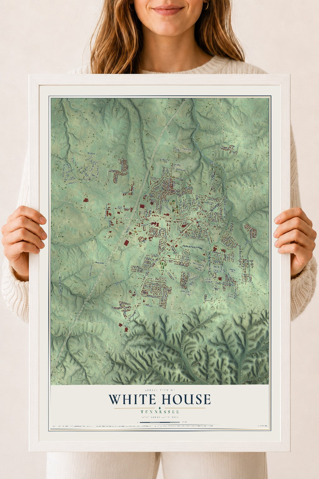 Map of White House, Tennessee, 18 x 24 inch print in a white wood frame
