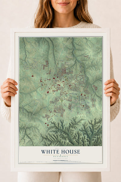 Map of White House, Tennessee, 18 x 24 inch print in a white wood frame