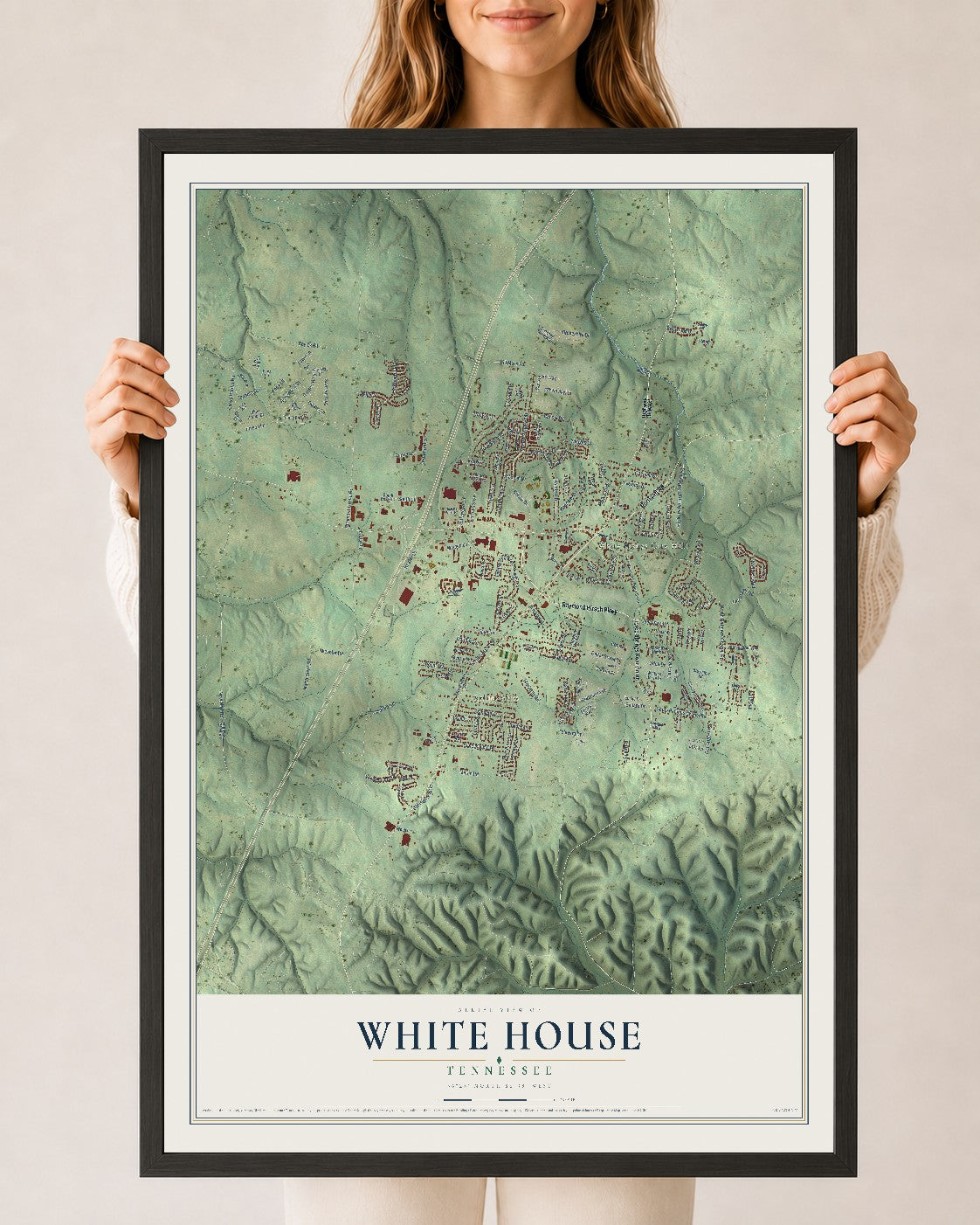 Map of White House, Tennessee, 24 x 36 inch print in a black wood frame