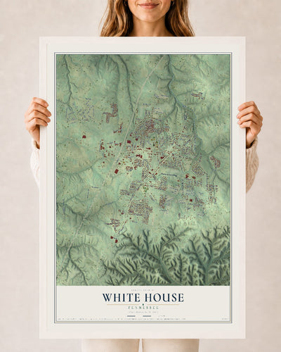 Map of White House, Tennessee, 24 x 36 inch print in a white wood frame