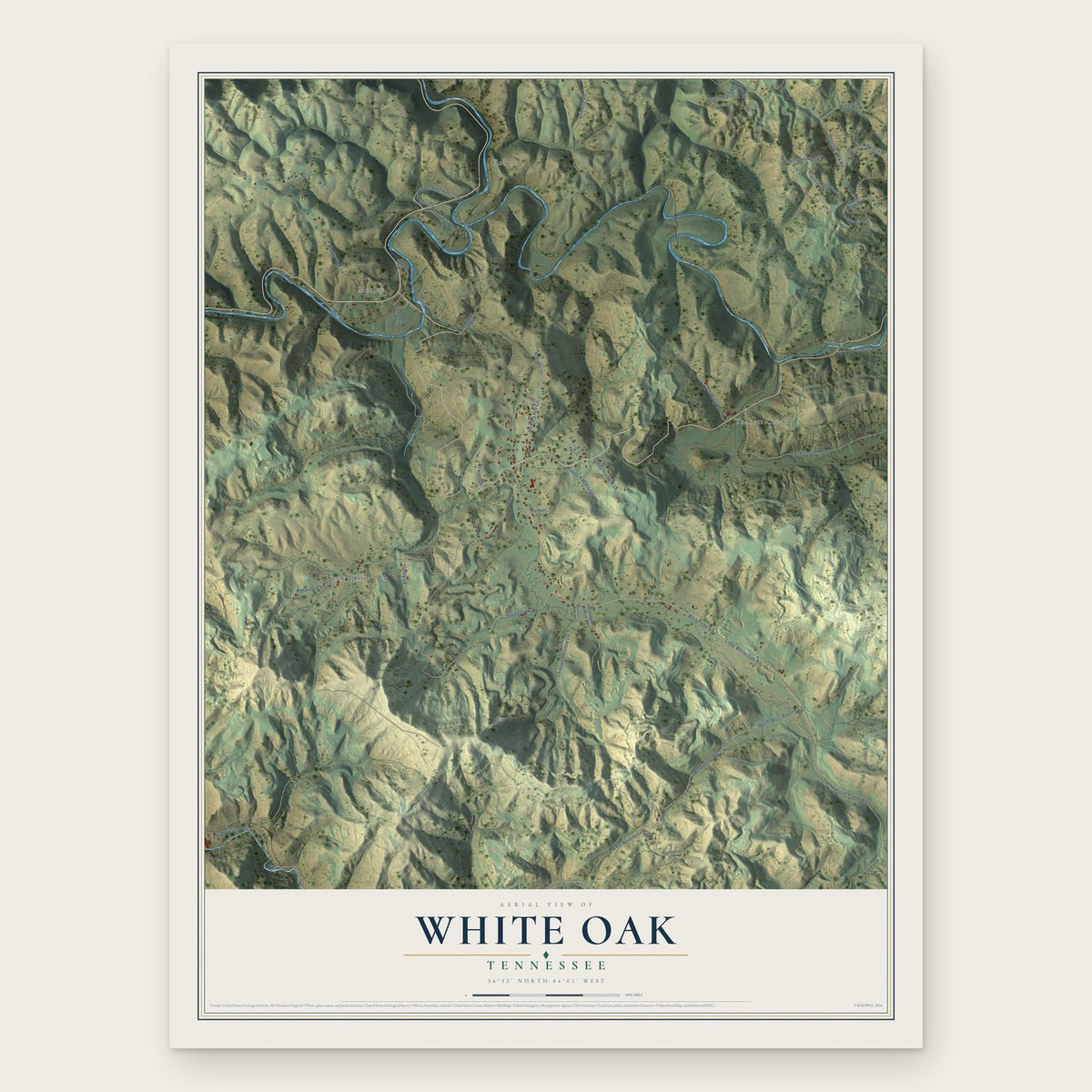 White Oak, Tennessee map print, the full design