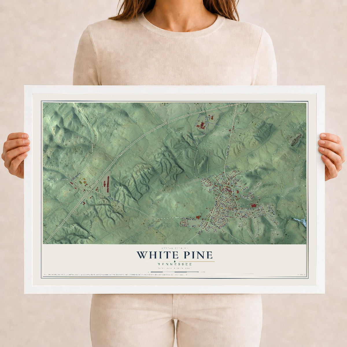 Map of White Pine, Tennessee, 12 x 18 inch print in a white wood frame