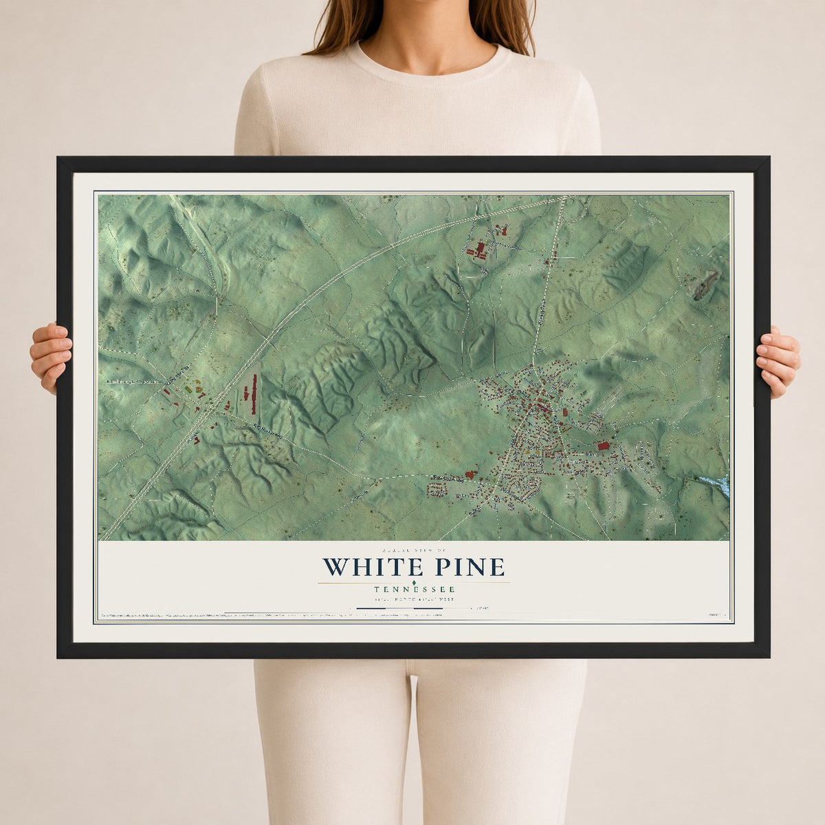 Map of White Pine, Tennessee, 24 x 36 inch print in a black wood frame