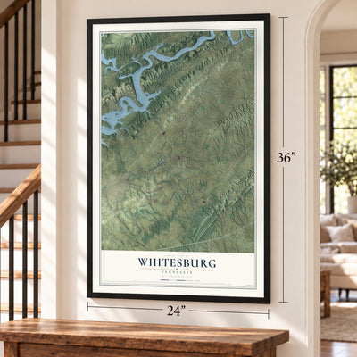 Whitesburg, Tennessee map, 24 x 36 inch print in a black frame by a staircase