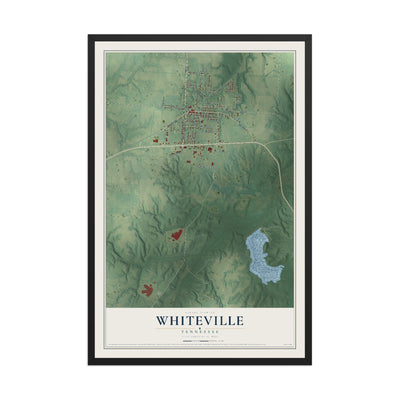 Map of Whiteville, Tennessee, 12 x 18 inch print in a black wood frame