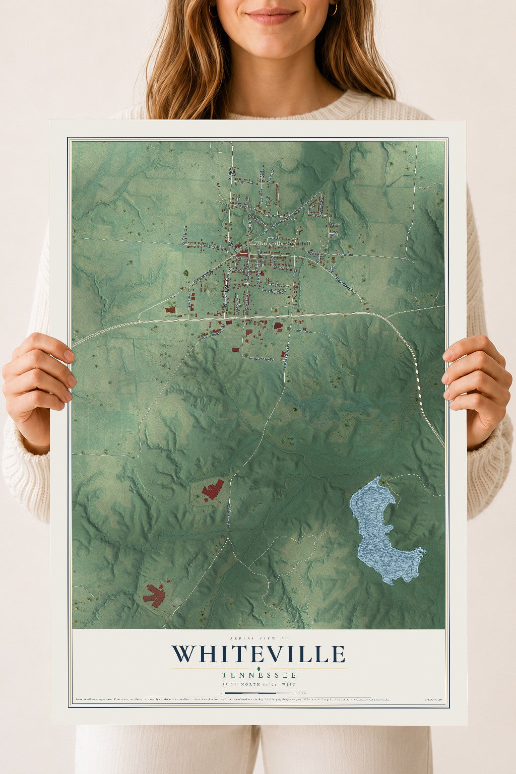 Map of Whiteville, Tennessee, 18 x 24 inch unframed archival matte print