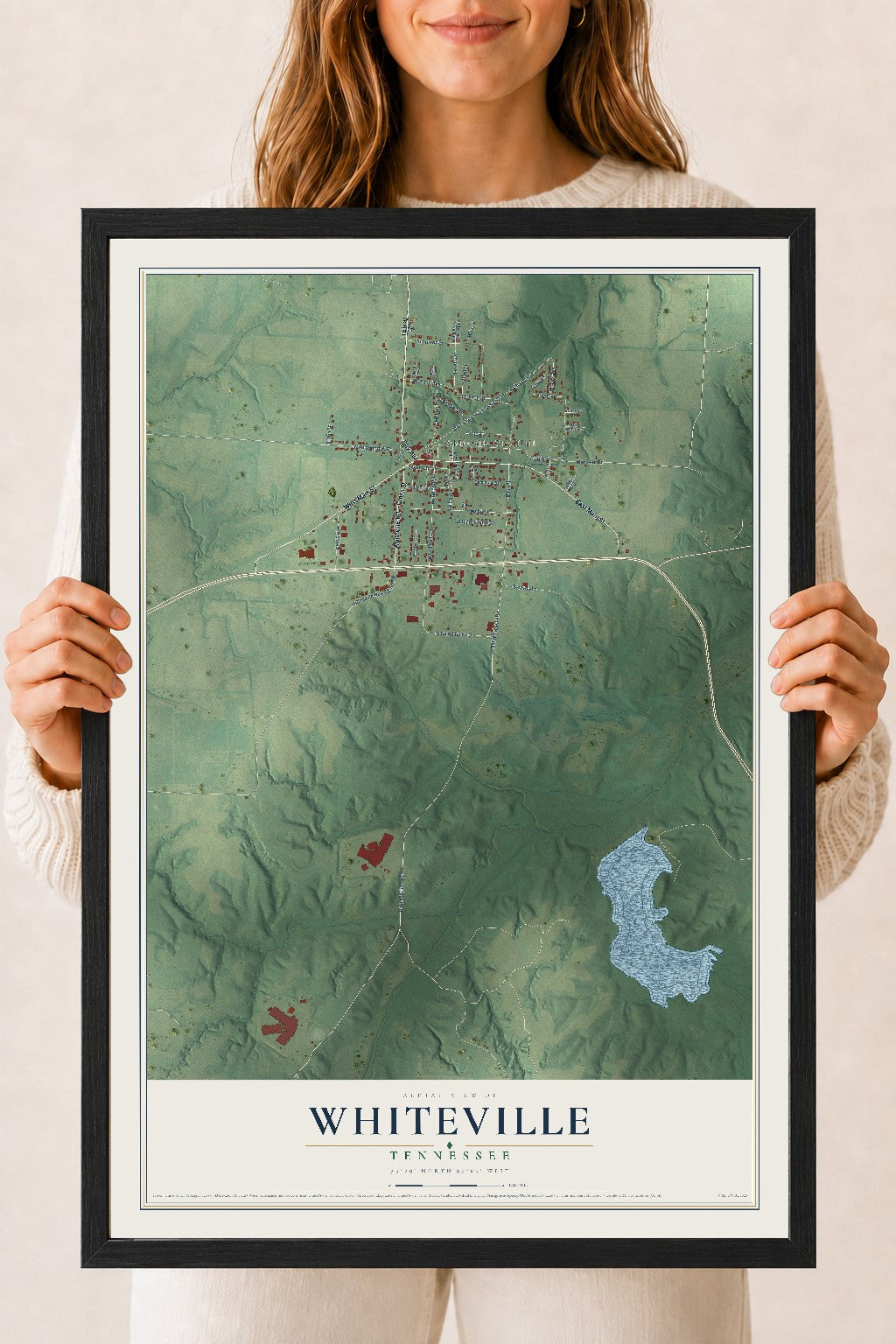 Map of Whiteville, Tennessee, 18 x 24 inch print in a black wood frame