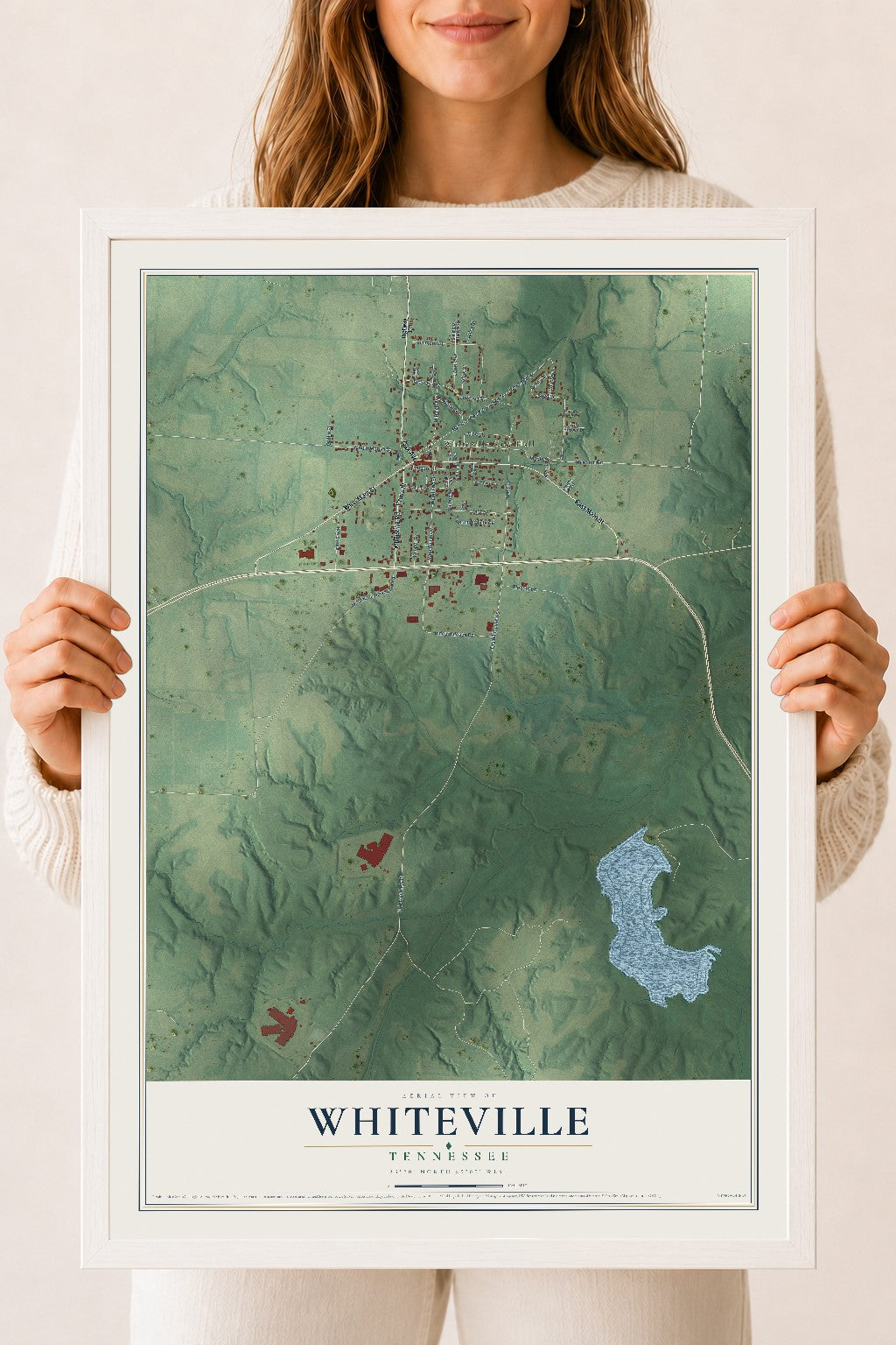 Map of Whiteville, Tennessee, 18 x 24 inch print in a white wood frame