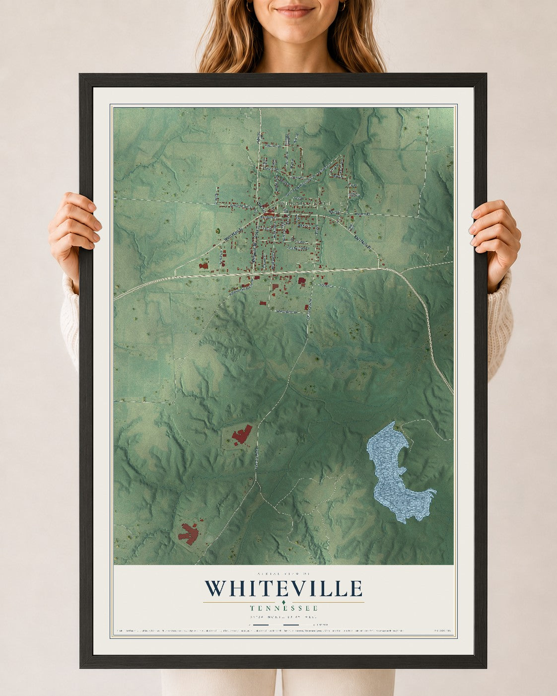 Map of Whiteville, Tennessee, 24 x 36 inch print in a black wood frame