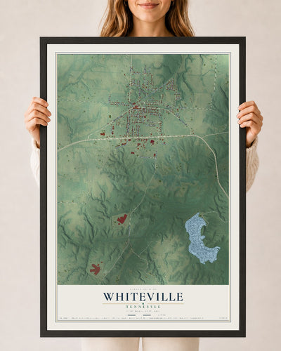 Map of Whiteville, Tennessee, 24 x 36 inch print in a black wood frame