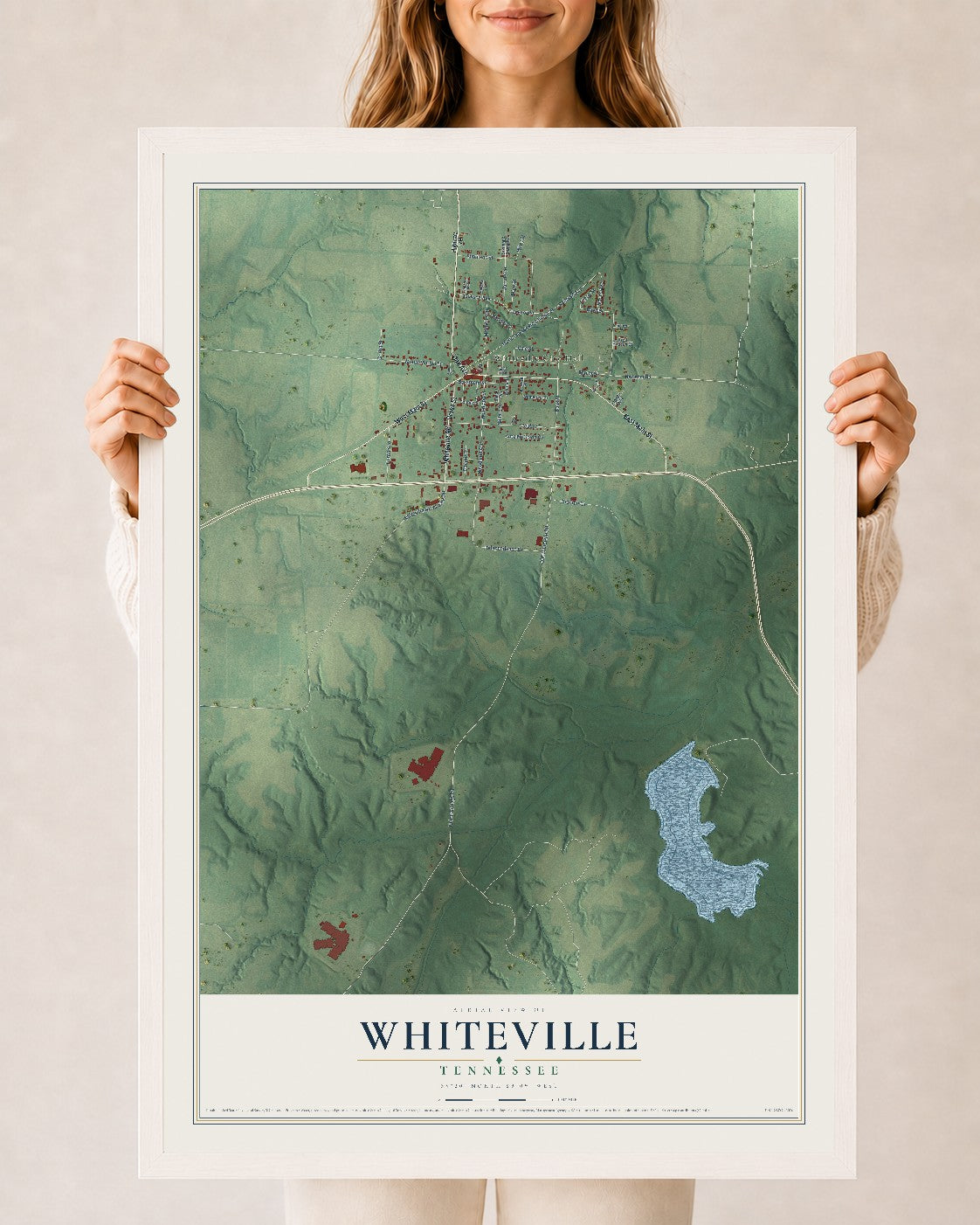 Map of Whiteville, Tennessee, 24 x 36 inch print in a white wood frame