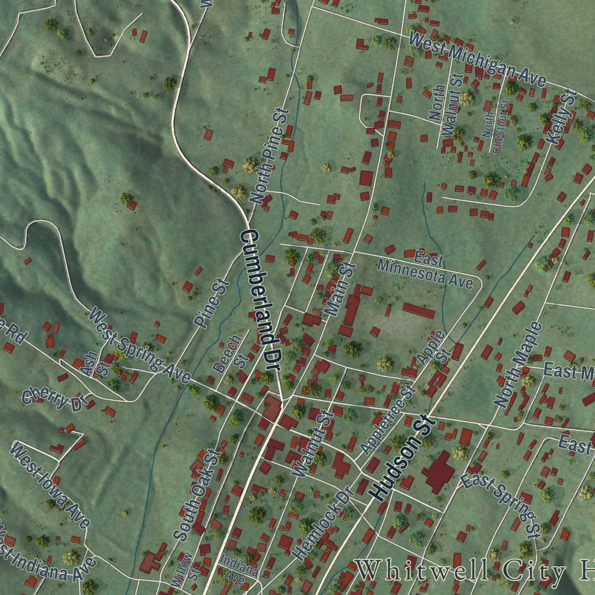 Close-up of the map of Whitwell, Tennessee print showing street and building detail
