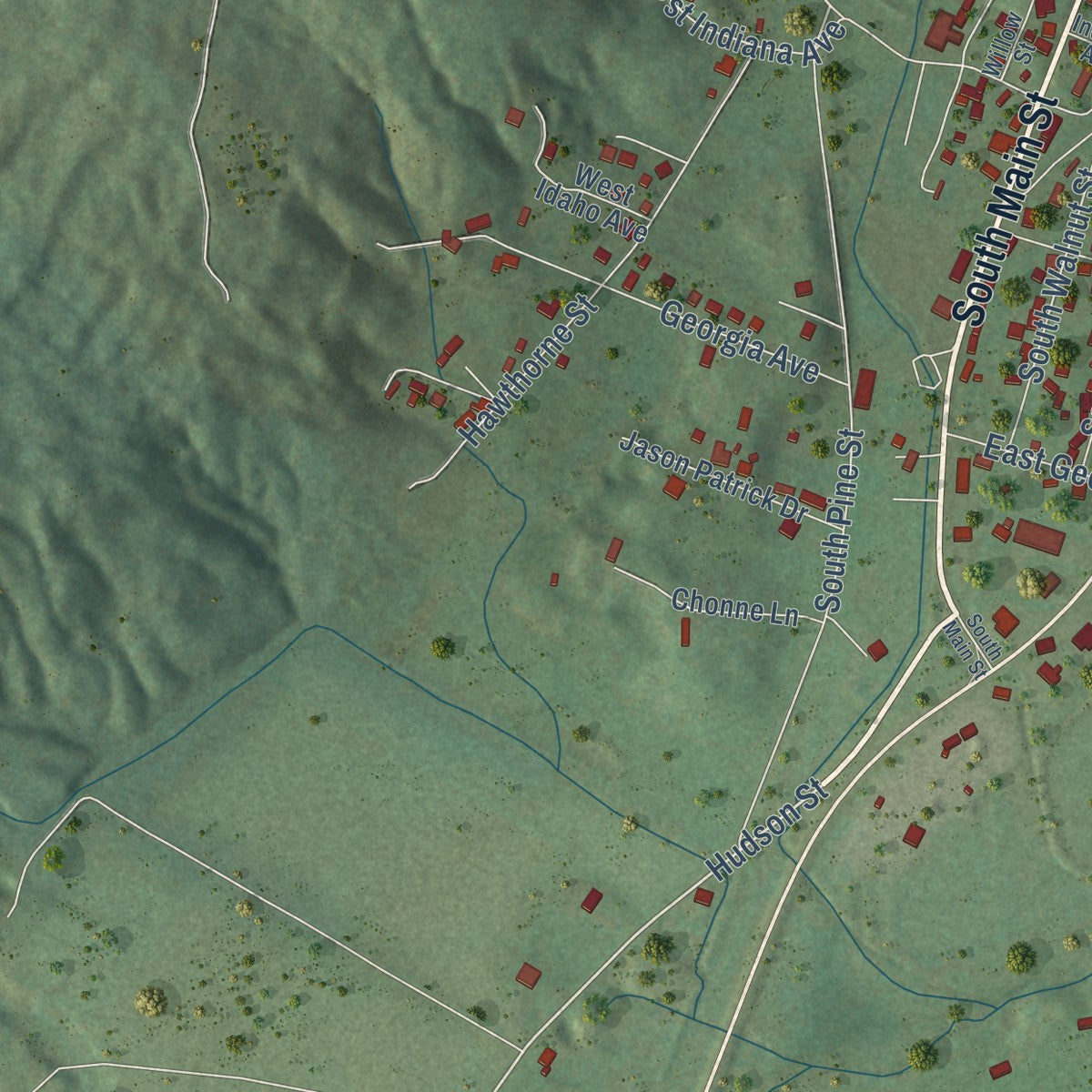 Second close-up of the map of Whitwell, Tennessee print showing more streets and buildings