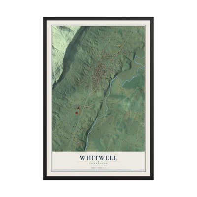 Map of Whitwell, Tennessee, 12 x 18 inch print in a black wood frame