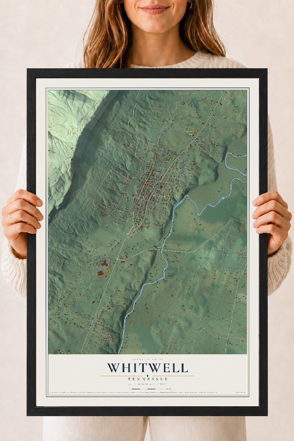 Map of Whitwell, Tennessee, 18 x 24 inch print in a black wood frame