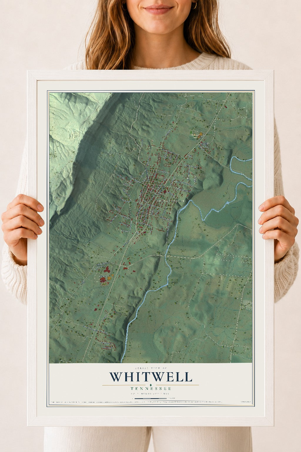 Map of Whitwell, Tennessee, 18 x 24 inch print in a white wood frame